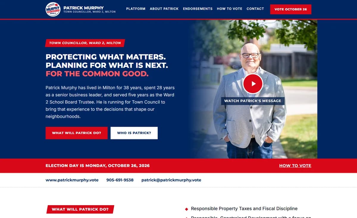 Patrick Murphy for Ward 2 website on desktop, built by PrimaryDM