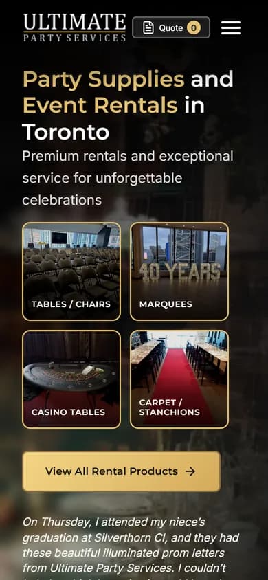 Ultimate Party Services website on a phone