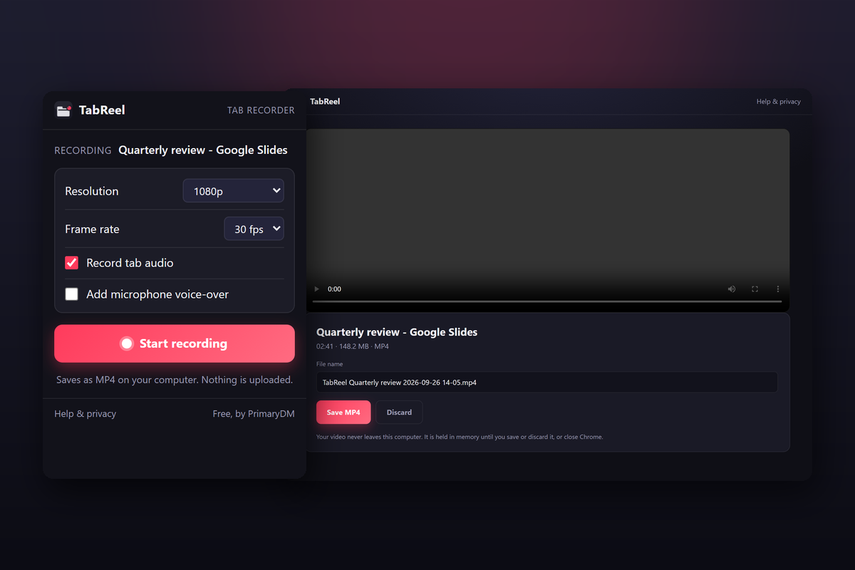 TabReel popup with Start recording button beside the recording preview page