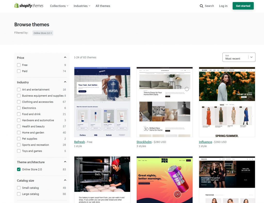 Shopify page for browsing themes. WooCommerce also has themes that you can purchase.